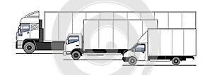 Delivery of goods and parcels by different trucks, lorry. Vector set. Trucks in the parking lot side view. White blank truck