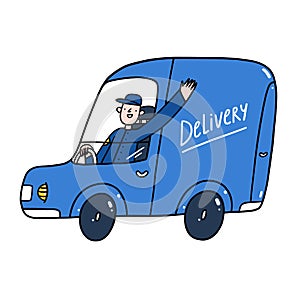 Delivery guy in a blue service car, vector illustration