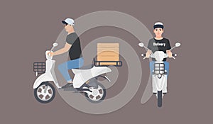 Delivery guy dressed in uniform riding scooter. Courier boy in cap sitting on modern motor moped isolated on white