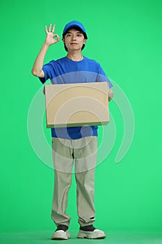 The delivery guy, on a green background, full-length, with a box, shows the ok sign