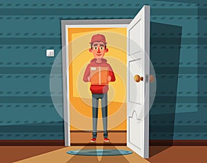 Delivery guy handing a box on doorway. Cartoon vector illustration