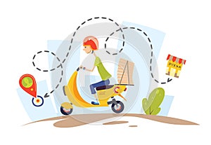 Delivery, the guy on the moped is carrying pizza. Characters. Pizza delivery concept flat design vector illustration.