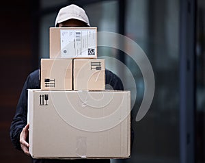 Delivery guy package, shipping boxes and export employee with courier service, commerce or regulations. Logistics, man