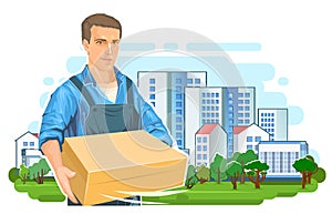 Delivery guy with a parcel. Cardboard box. A male courier in uniform delivered a package. Flat style. Postal service