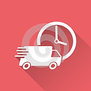 Delivery 24h truck with clock vector illustration. 24 hours fast delivery service shipping icon.