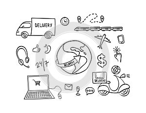 Delivery hand drawn icons set