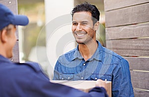Delivery, happy and man in home with courier for shipping, logistics and online shopping with box. Ecommerce, supply