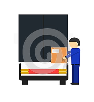 Delivery icon with loader man near freight truck