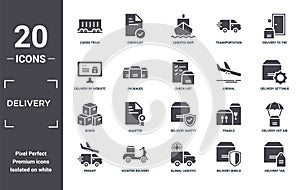 delivery icon set. include creative elements as cargo train, delivery to the door, arrival, delivery safety, scooter boxes filled