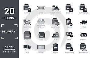 delivery icon set. include creative elements as delivery list, delivery schedule, checking, pallet, container, box filled icons