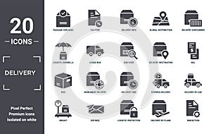 delivery icon set. include creative elements as package checking, delivery containers, delivery destination, time, air mail, box