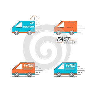 Delivery icon set. Van service, order, 24 hour, fast and free worldwide shipping.
