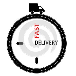 Delivery icon sign , urgent stopwatch , car truck on a road in flat black red and white flat silhouette style , vector illustratio