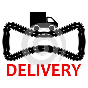 Delivery icon sign , urgent stopwatch , car truck on a road in flat black red and white flat silhouette style , vector illustratio