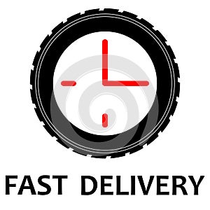 Delivery icon sign , urgent stopwatch , car truck on a road in flat black red and white flat silhouette style , vector illustratio