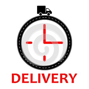 Delivery icon sign , urgent stopwatch , car truck on a road in flat black red and white flat silhouette style , vector illustratio