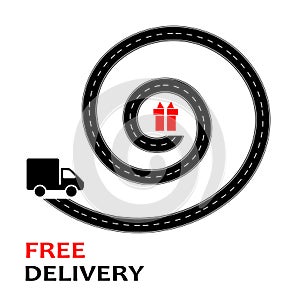 Delivery icon sign , urgent stopwatch , car truck on a road in flat black red and white flat silhouette style , vector illustratio