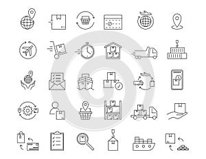 Delivery icon. Transport logistic. Parcel shipment. Cargo truck transportation. Warehouse line symbol. Freight