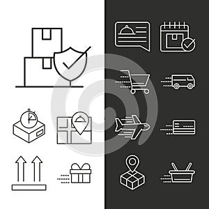 Delivery icons set parcel tracking shipping, world trade logistics line style