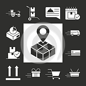 Delivery icons set parcel tracking shipping, world trade logistics silhouette style