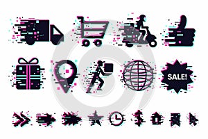 Delivery icons set. Shipping service vector signs collection. Glitch style clip art. GUI elements for mobile app.