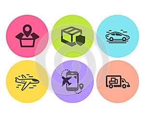 Delivery insurance, Car and Flight destination icons set. Package location, Airplane and Truck transport signs. Vector