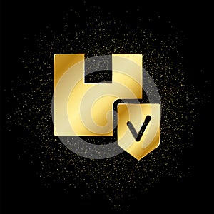 Delivery, insurance, package, shield gold, icon. Vector illustration of golden particle background