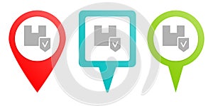 Delivery, insurance, package, shield. Multicolor pin vector icon, diferent type map and navigation point