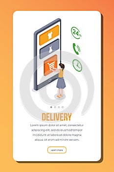 Delivery isometric app page vector template. Female customer order online shipment. Responsive smartphone onboarding