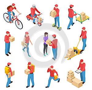 Delivery isometric. Couriers deliveries postman guys delivering box motorcycle scuter courier 3d isolated vector