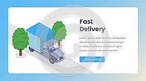 Delivery isometric landing page vector template. Shipping goods by truck, delivery service, shipment website layout