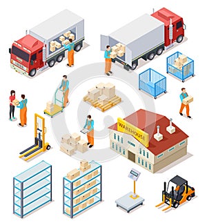 Delivery isometric. Logistic, distribution warehouse, truck with people workers carrying boxes package. 3d cargo