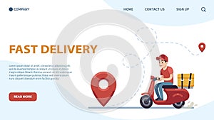 Delivery landing page. Courier, guy on moped against backdrop of cityscape, riding on road to client flat cartoon