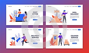 Delivery landing page. Shipping and mail service web pages, cartoon characters delivering parcels to customers. Vector