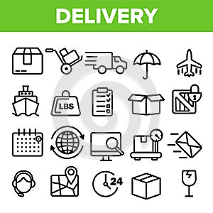 Delivery Line Icon Set Vector. Fast Transportation Service. Delivery 24 Logistic Support Icons. Express Order. Thin