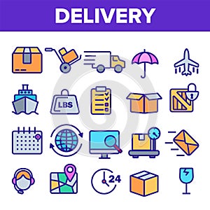 Delivery Line Icon Set Vector. Fast Transportation Service. Delivery 24 Logistic Support Icons. Express Order. Thin