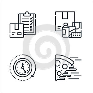 delivery line icons. linear set. quality vector line set such as food delivery, clock, medicine