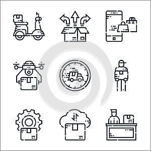 delivery line icons. linear set. quality vector line set such as shipping, cloud computing, management, delivery man, speed, drone