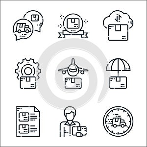 delivery line icons. linear set. quality vector line set such as speed, delivery man, checklist, insurance, airplane, management,