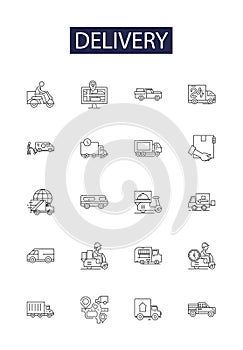 Delivery line vector icons and signs. Shipment, Messaging, Cargo, Courier, Express, Transmit, Bring, Convey outline