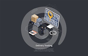 Delivery Location Tracking, GPS Technology Concept Vector Illustration With Writing. Isometric Composition, Cartoon 3D