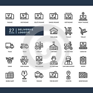Delivery and logistic package commerce shipping detailed outline icon set. simple vector illustration