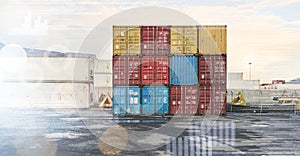 Delivery, logistics and containers with industrial cargo, stock and products outdoors ready for global shipping