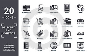 delivery.and.logistics icon set. include creative elements as delivery schedule, moving, ocean transportation, delivery shield,