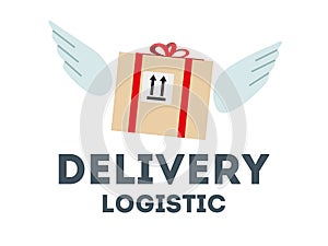 Delivery logistics logo. The package box is flying on wings