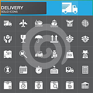 Delivery and logistics vector icons set, modern solid symbol collection, filled white pictogram pack. Signs, logo illustration.