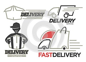 Delivery logo templates set for post mail, food or onlne shop express delivery service.