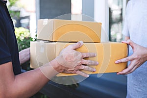 Delivery mail man giving parcel box to recipient, Young owner accepting of cardboard boxes package from post shipment, Home