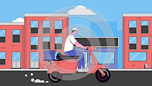 Delivery man. Animation of a man on scooter driving on the road.