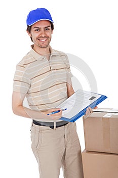 Delivery man asking to sign delivery confirmation photo